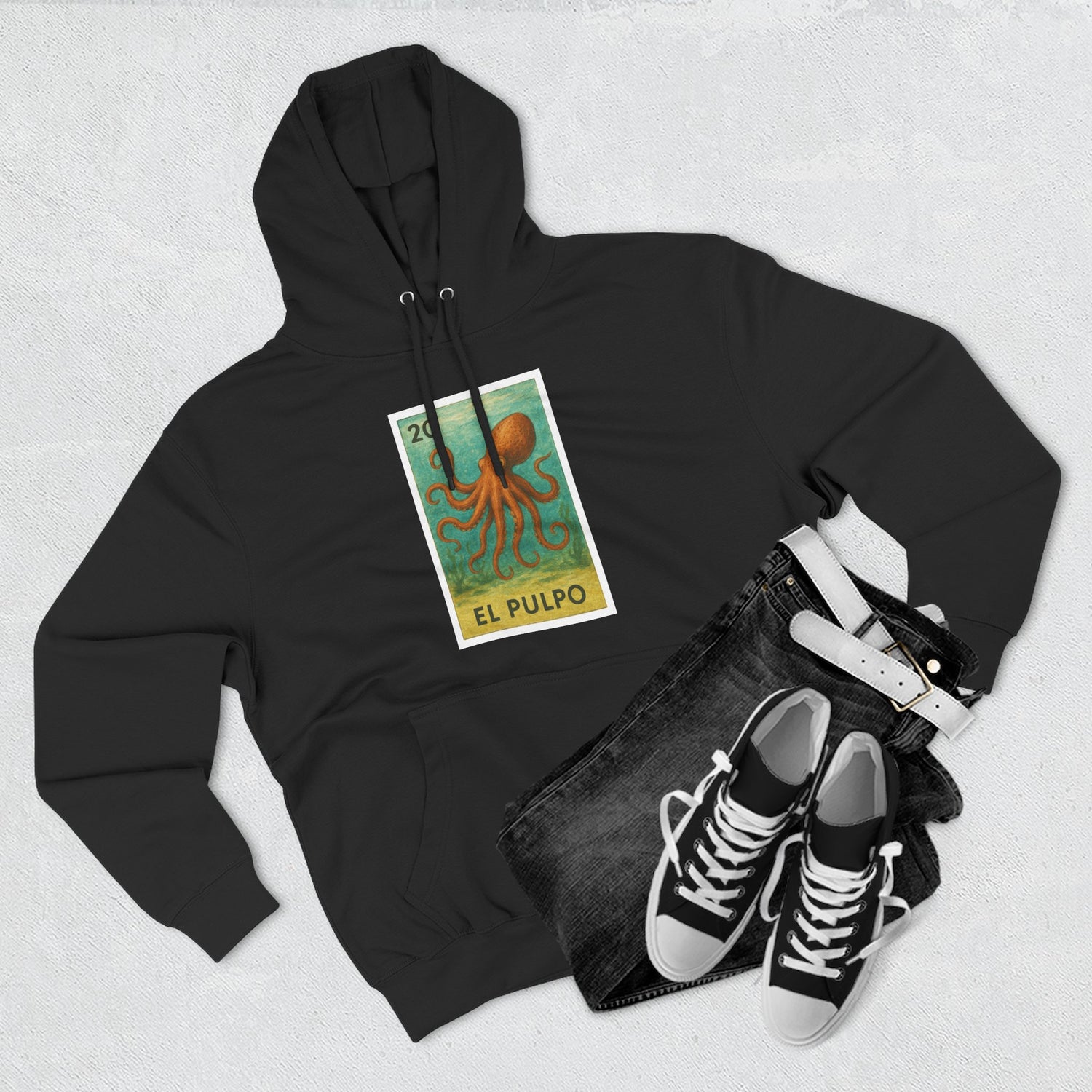 Octopus Lotería Unisex - Pull-Over Cotton Blend Fleece Hoodie (El Pulpo)