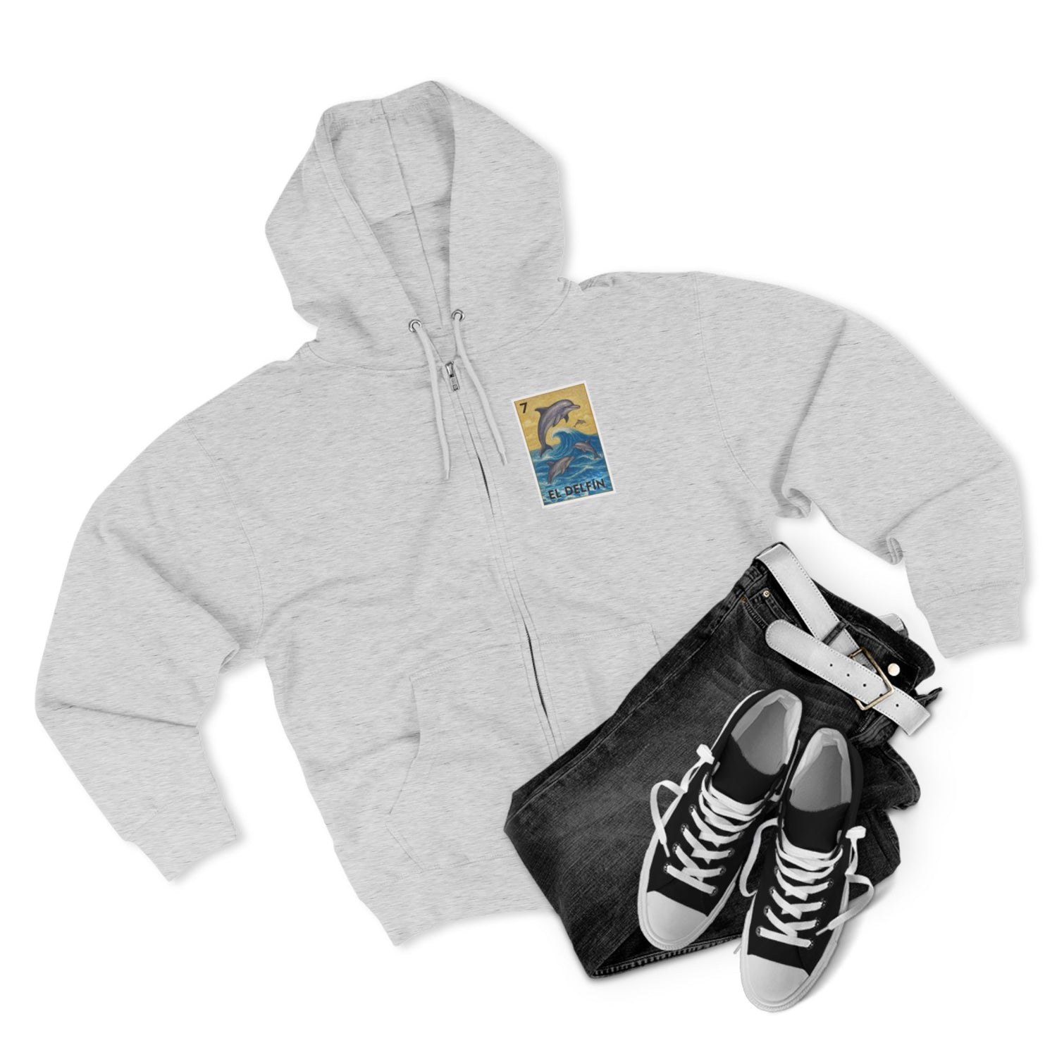 Dolphin Lotería Unisex - Zip Cotton Blend Fleece Hoodie (El Delfín)