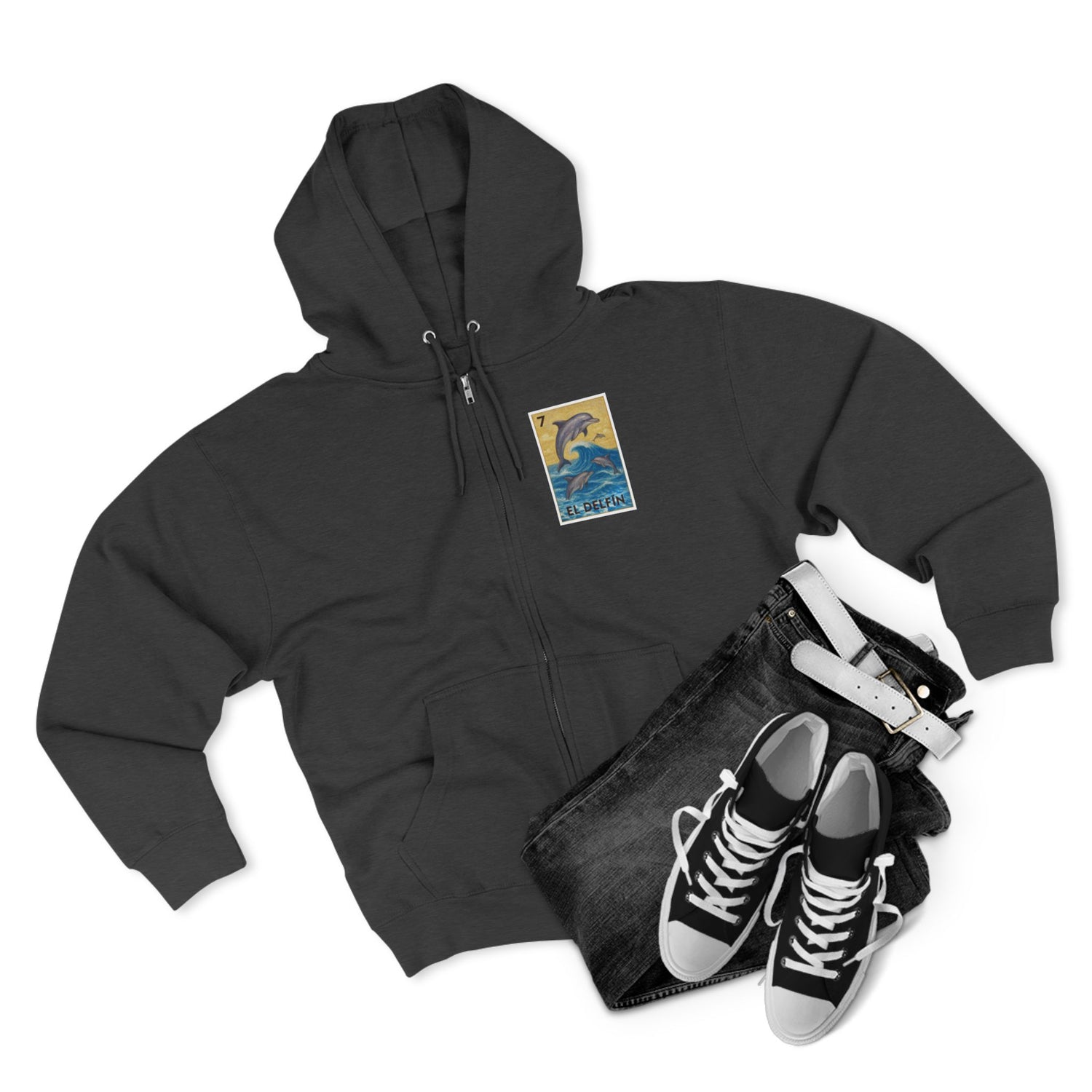 Dolphin Lotería Unisex - Zip Cotton Blend Fleece Hoodie (El Delfín)